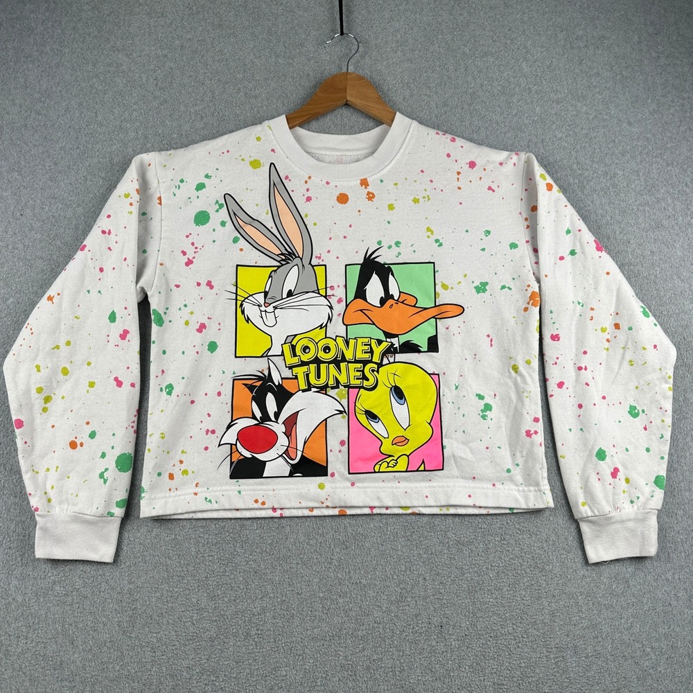 Looney Tunes Sweatshirt Girls XL LS12207FS White Paint Splatter Cropped Graphic